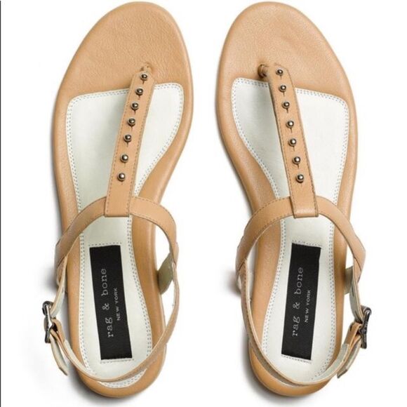 Rag & Bone Eli Nude Leather Studded Thong Sandals Tan Size 37 - Picture 1 of 8
